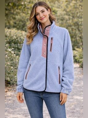 American Eagle Jacket Blue Sherpa Button Snap Mock Neck Zip Pocket